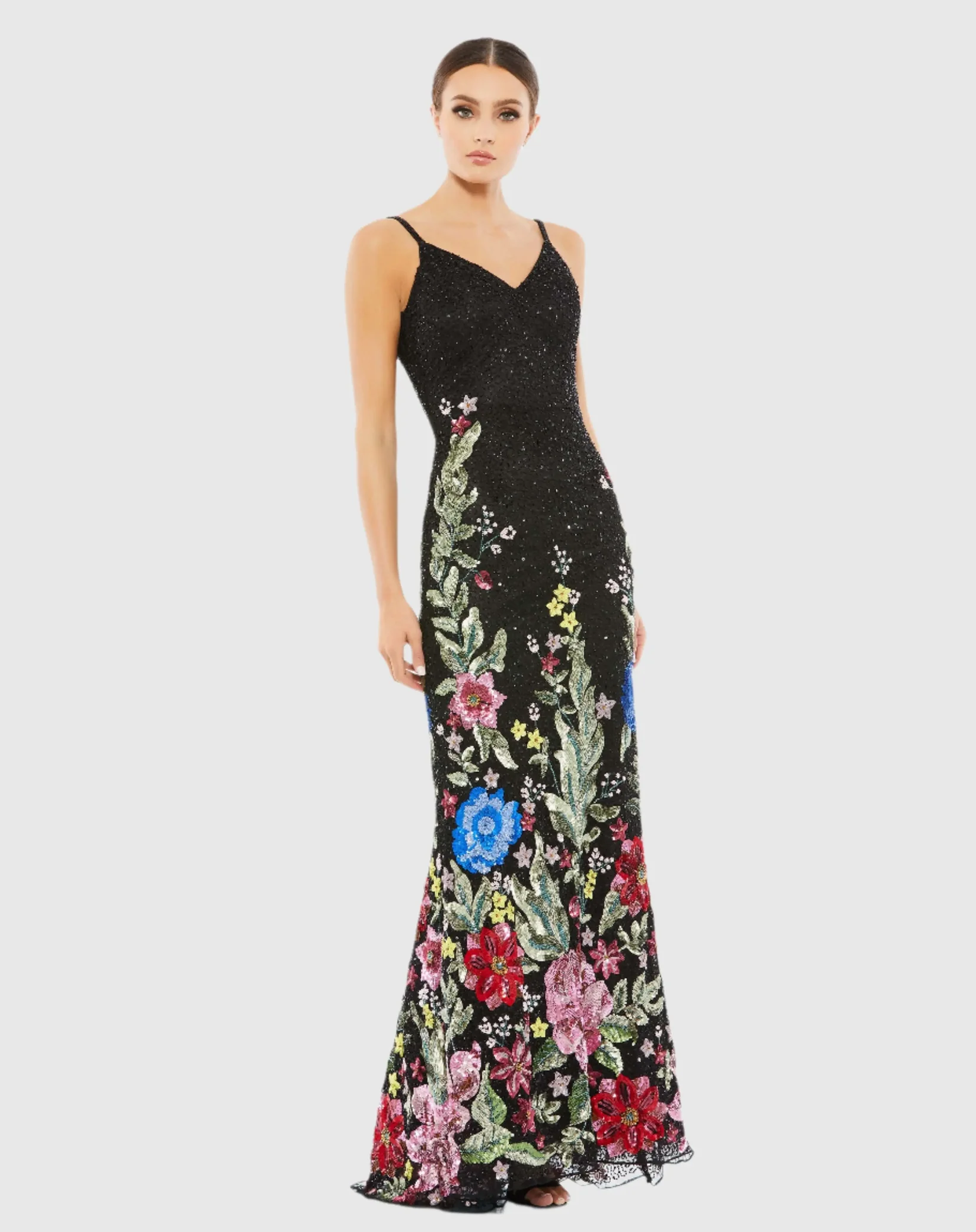 Mac Duggal Black Floral Embellished Spaghetti Strap Gown