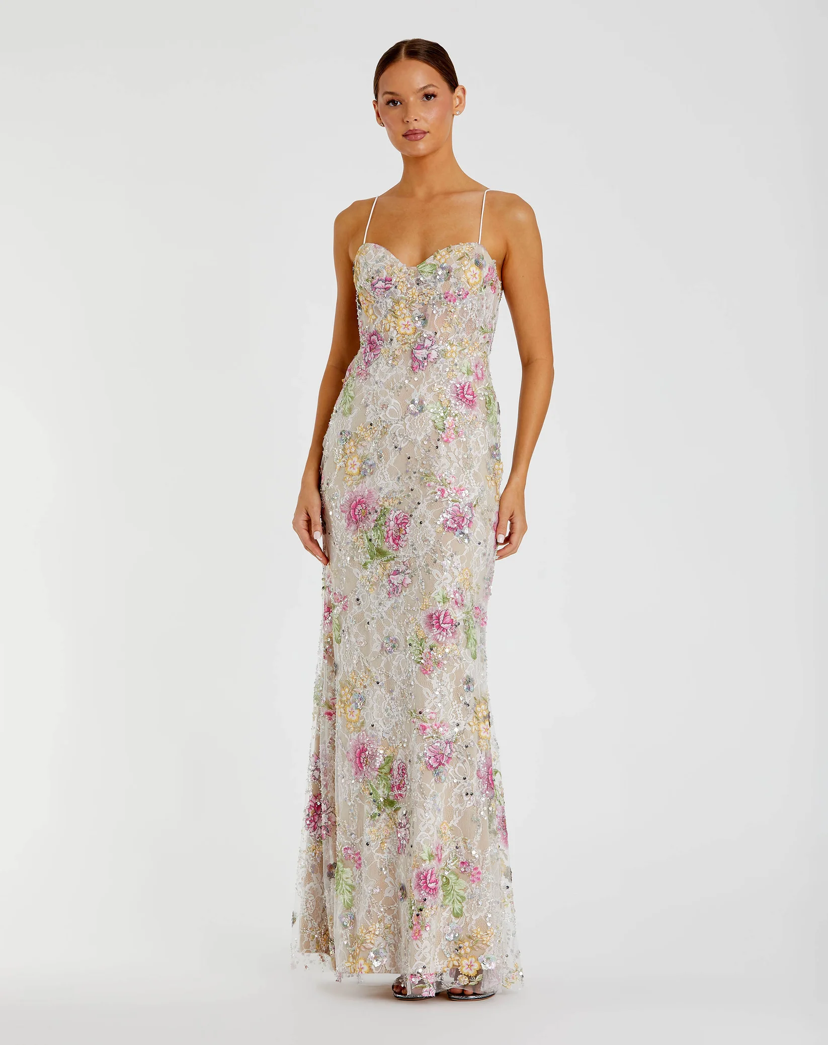 Multicolor Embellished Bustier Floral Trumpet Gown