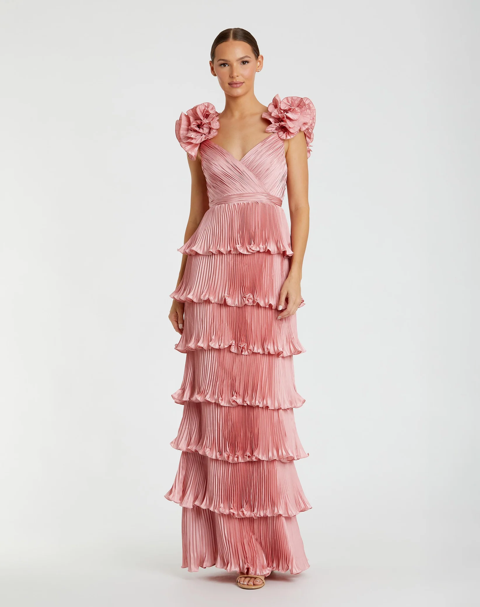 Mac Duggal Pink Pleated Charmeuse Tiered Gow
