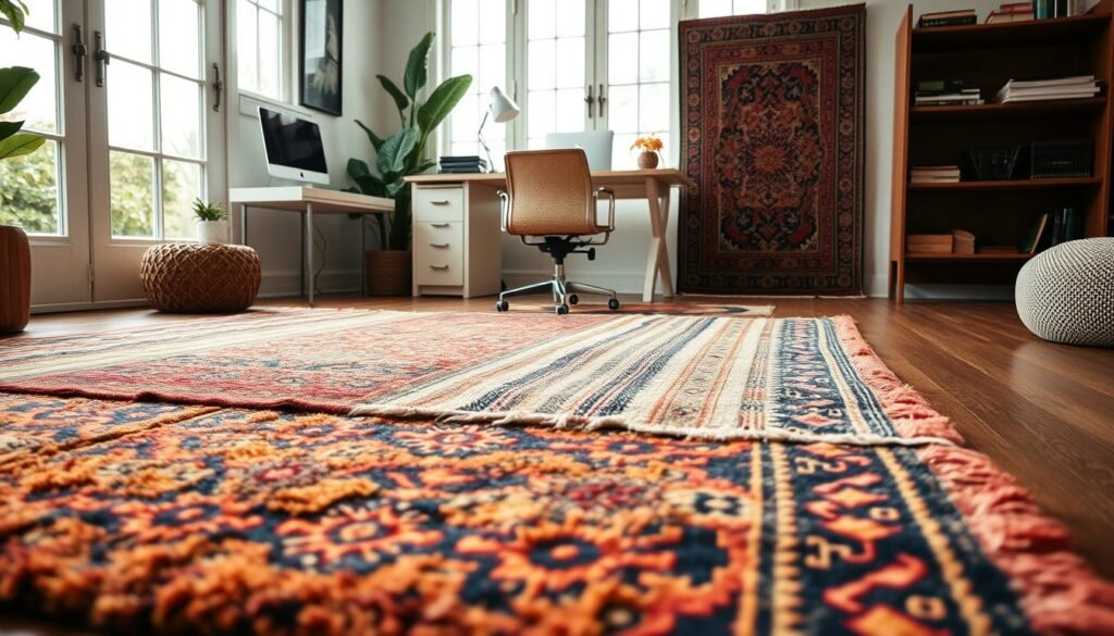 eclectic office rug layering
