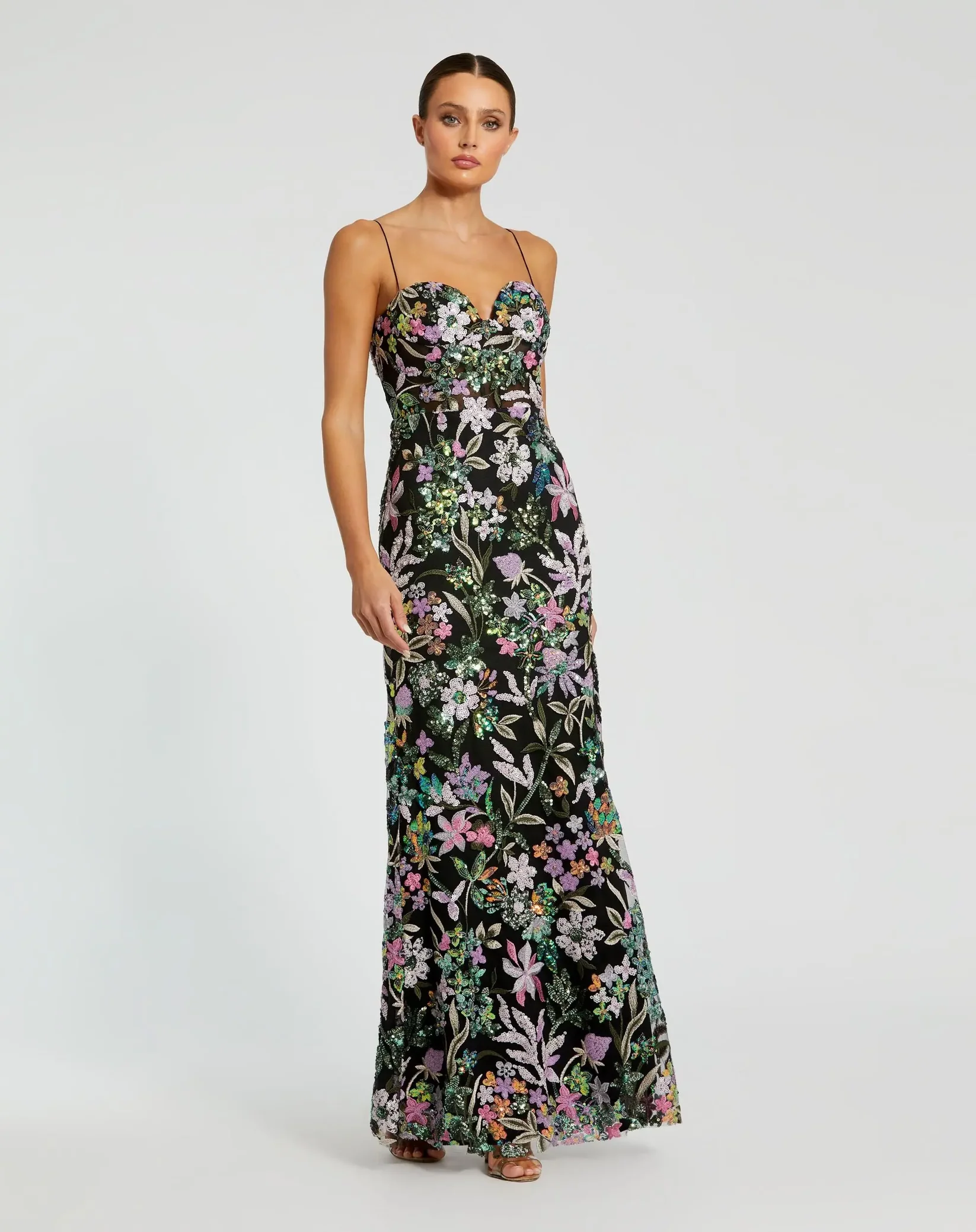 Mac Duggal Black Multicolor Embroidered Bustier Trumpet Gown